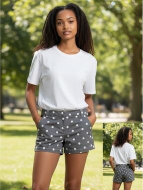 J.Crew Stretch Chino Shorts Womens 8 Gray White Polka Dot Cotton Casual